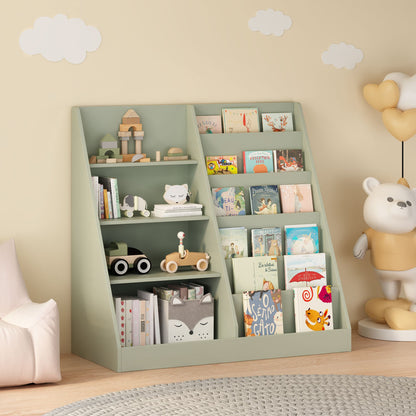 Kids Bookshelf and Toy Storage Organizer, Multifunctional 4 Tier Wooden Kids Book Shelf with  Bookcase Display Stand in Kids Room Playroom Nursery for Kids, Children, Toddlers (Sage)