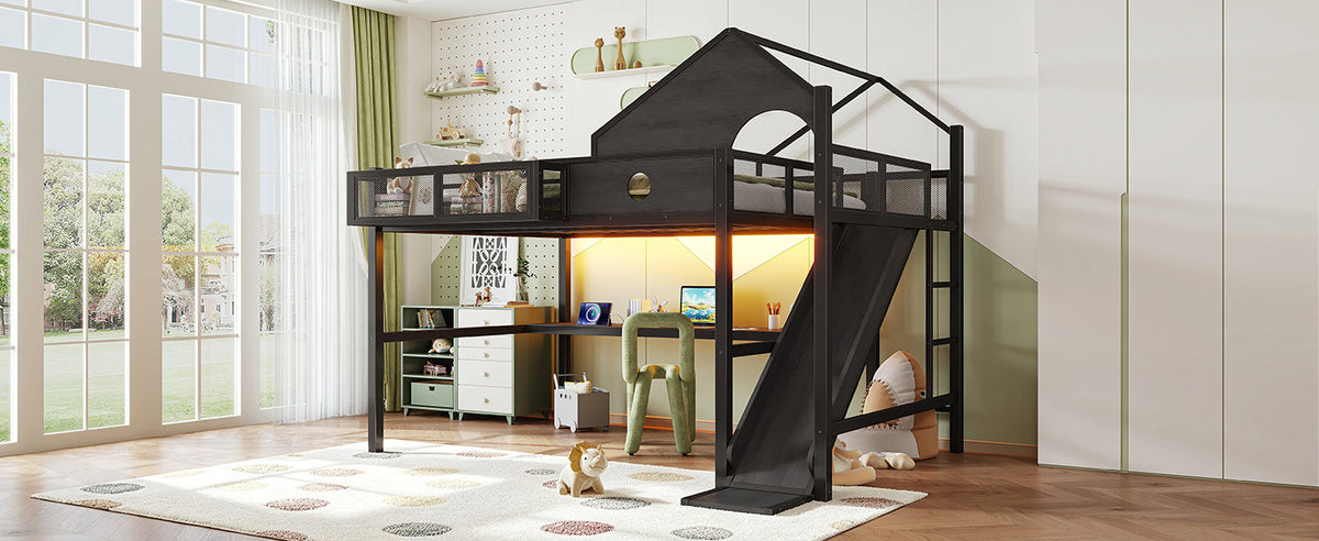 Queen Size Multifunctional Loft Bed with Slide, Desk,and Storage Shelves, Metal Loft Bed Frame With USB Ports And Led Lights, Triangular Geometry House Design, Black