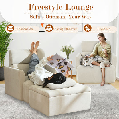 Oversized Chair w/Storage Ottoman, Wide Accent Armchair Chair for Living Room, Modern Lounge Chair, Upholstered Mid-Century Reading Chair, Comfy Living Room Chair, Deep Seat Sofa Couch(Beige Gray)