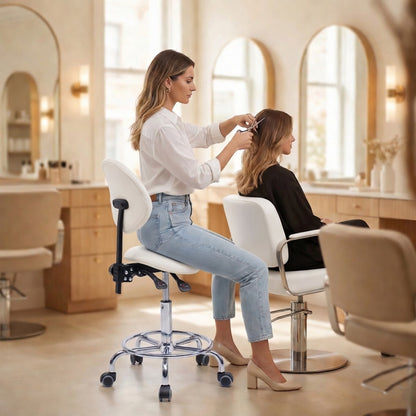 Saddle Stool Chair with Backrest Swivel Hydraulic Ergonomic Tilt Seat Chair with Wheels Footrest for Medical Hospital Clinic Dental-WHITE