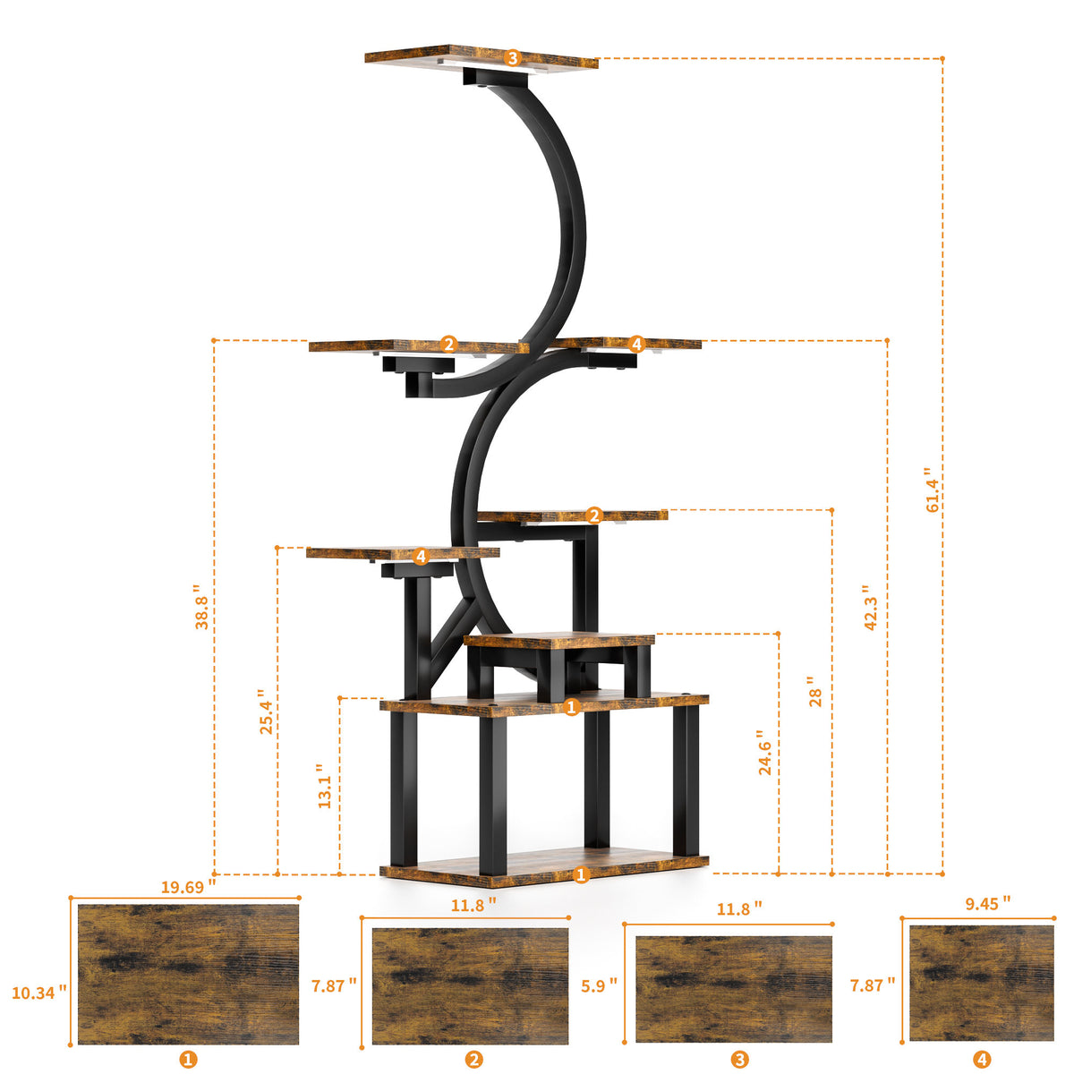 8-Tier Indoor Plant Stand with 5 Grow Lights, Rustic Brown MDF+Metal, 10-Level Dimming, 62-Inch Tall for Living Room or Garden