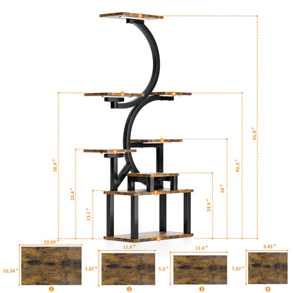 8-Tier Indoor Plant Stand with 5 Grow Lights, Rustic Brown MDF+Metal, 10-Level Dimming, 62-Inch Tall for Living Room or Garden