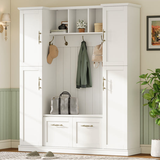 ON-TREND Farmhouse Elegant Hall Tree with 4 Side Cabinets, All-in-One Mudroom Furniture with Adjustable Shelves & Open Cubbies, Beadboard Entryway Bench with Coat Rack & 5 Hooks for Hallway, White