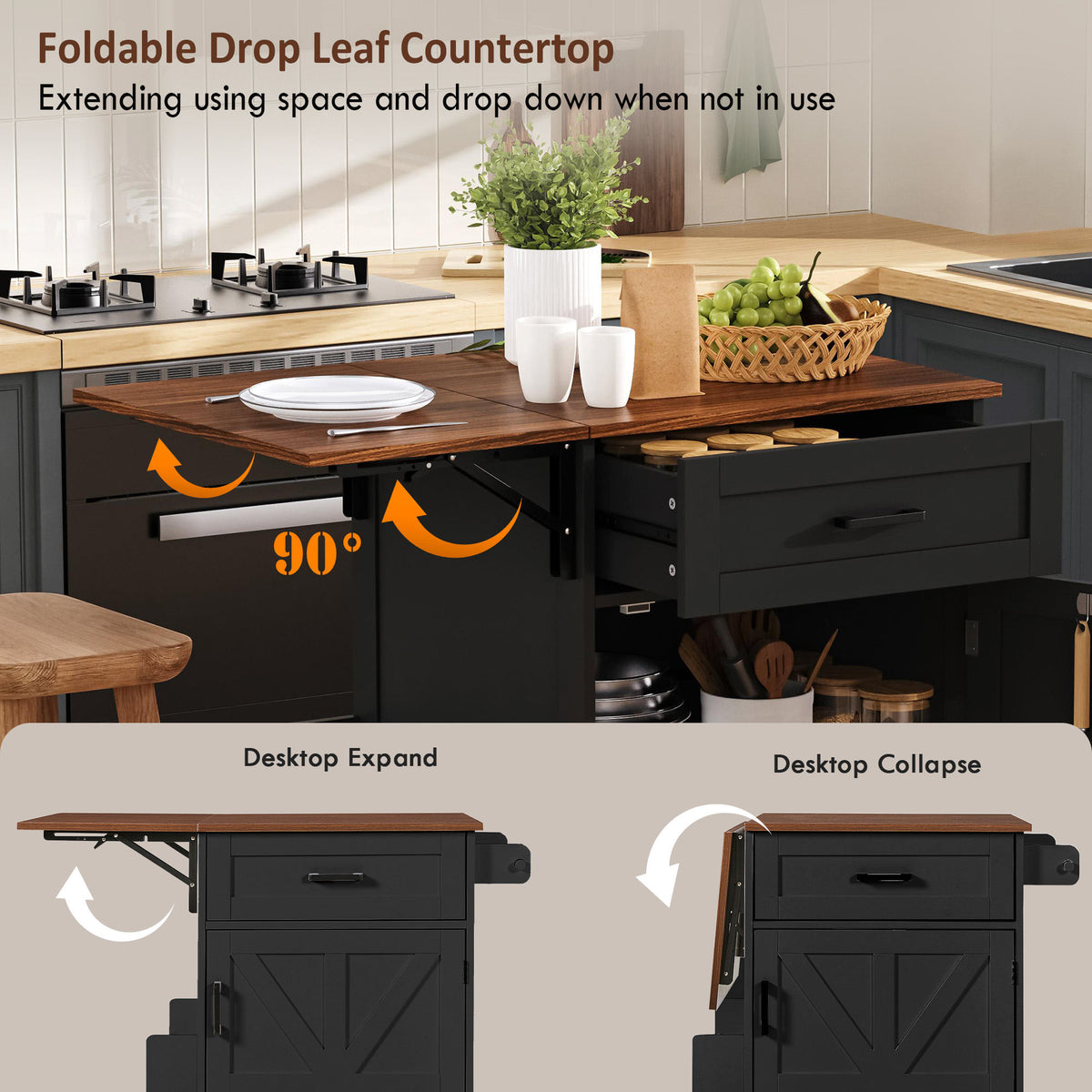K&K 39.3" Farmhouse Kitchen Island with Drop Leaf, Kitchen Storage Island with Open Side Rack, One Drawer, Towel Rack – Black