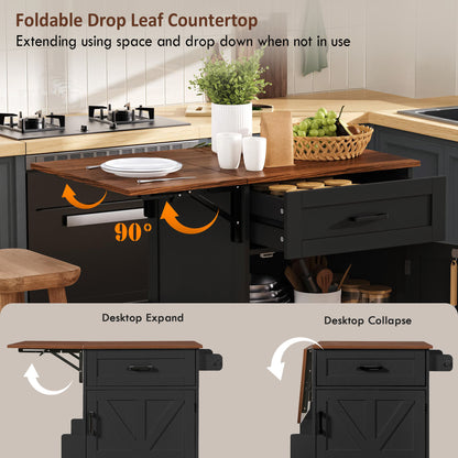 K&K 39.3" Farmhouse Kitchen Island with Drop Leaf, Kitchen Storage Island with Open Side Rack, One Drawer, Towel Rack – Black