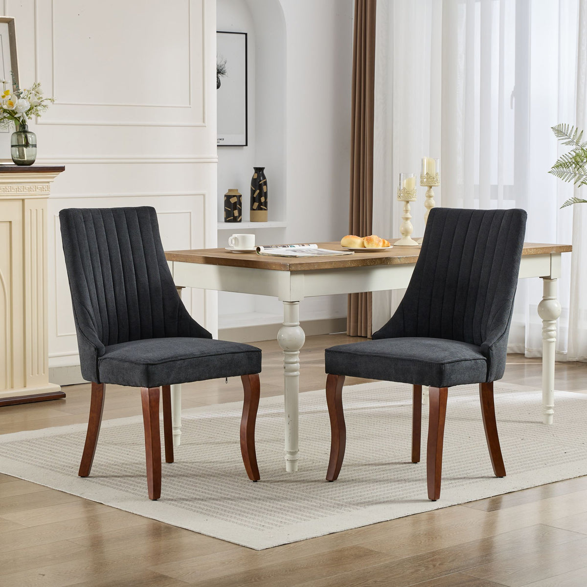 Rayon Cloth Flocking Linen Dining Chairs Channel Kitchen Dinner Chair Comfy Fabric Upholstered Accent Chair for Dining Room with Curved - Black