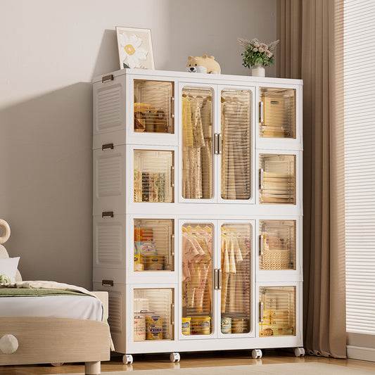 Portable Wardrobe Closet Storage Organizer for Clothes with Magnetic Doors, 12 Cubes & 2 Hanging Rods, White