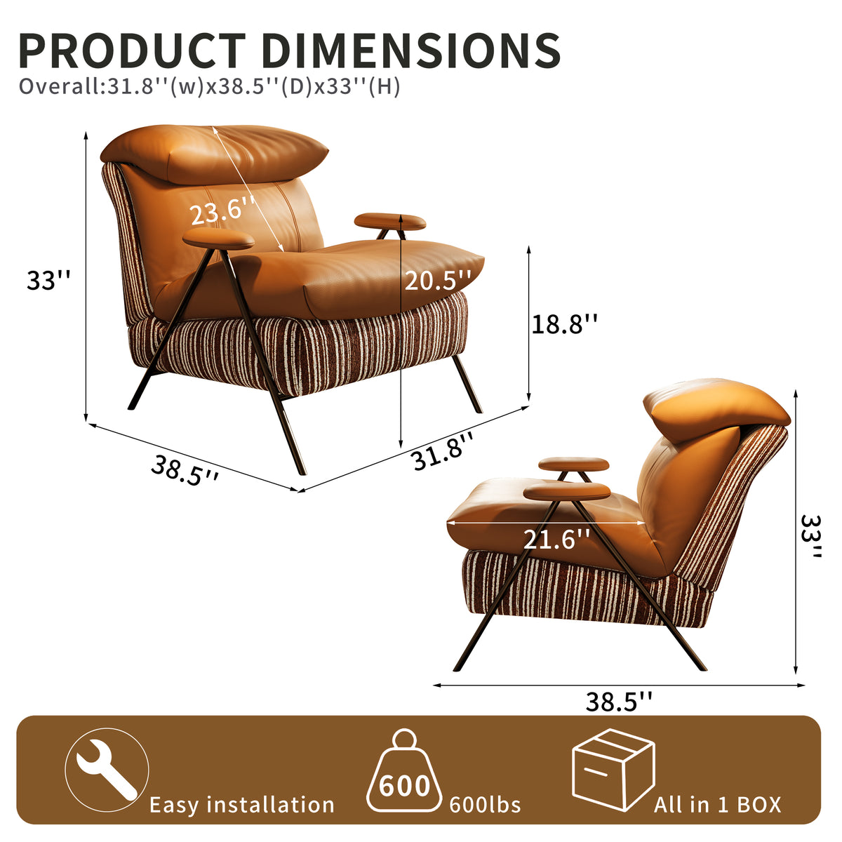 Minimalist casual single chair with solid wood frame, upholstered in leather and chenille fabric. It provides perfectly balanced soft-firm seating comfort and fits balconies, living rooms and bedrooms