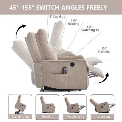 Khaki Chenille Single Motor Power Lift Recliner Chair with Massage and Heat for Elderly, Heavy Duty Motion Mechanism and One USB for Charging, Max Reclining Angle 155°