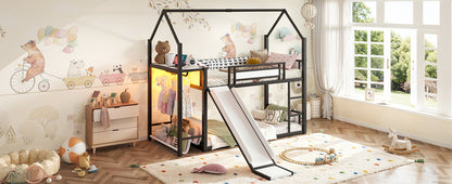 Twin Over Twin Metal Bunk Bed with Slide, LED Clothing Hanging Area, Fabric Storage Shelf & Power Outlet, Childlike Playhouse bunk bed Frame with low-profile design for Kids Girls,boys, Black