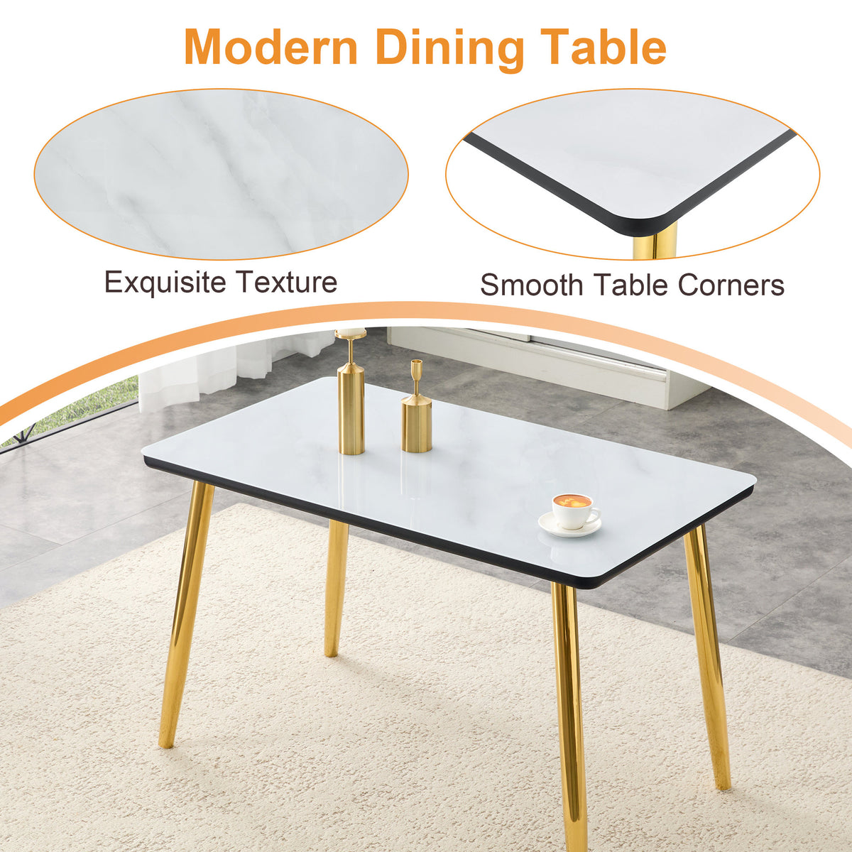 Modern minimalist rectangular dining table, suitable for 4-6 people. Tempered glass countertop+lower MDF board, imitation marble texture – Model W1151S04619