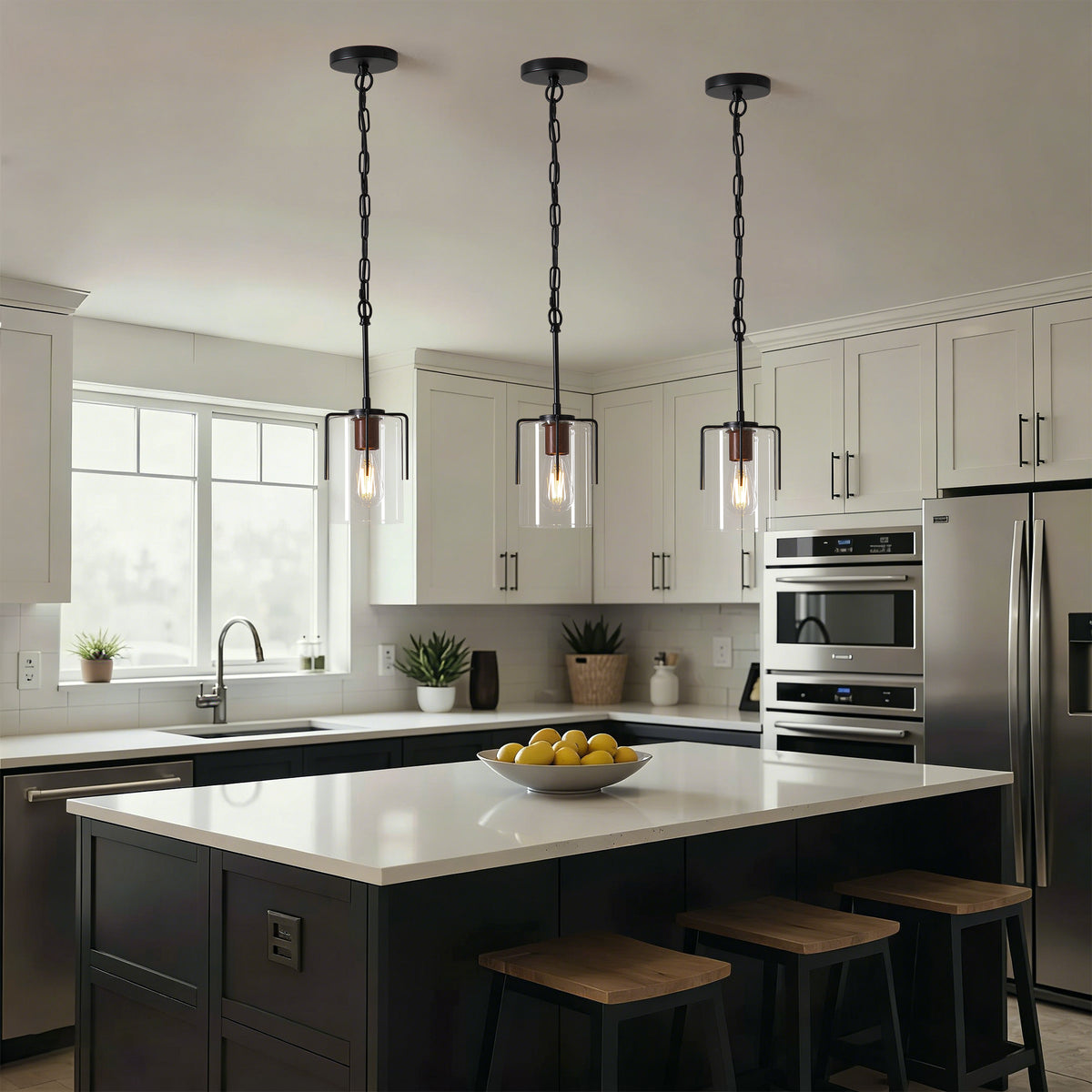 Modern Farmhouse Industrial Pendant Light with Clear Glass Shade, Adjustable Metal Pendant Lighting for Kitchen Island Dining Room Entryway