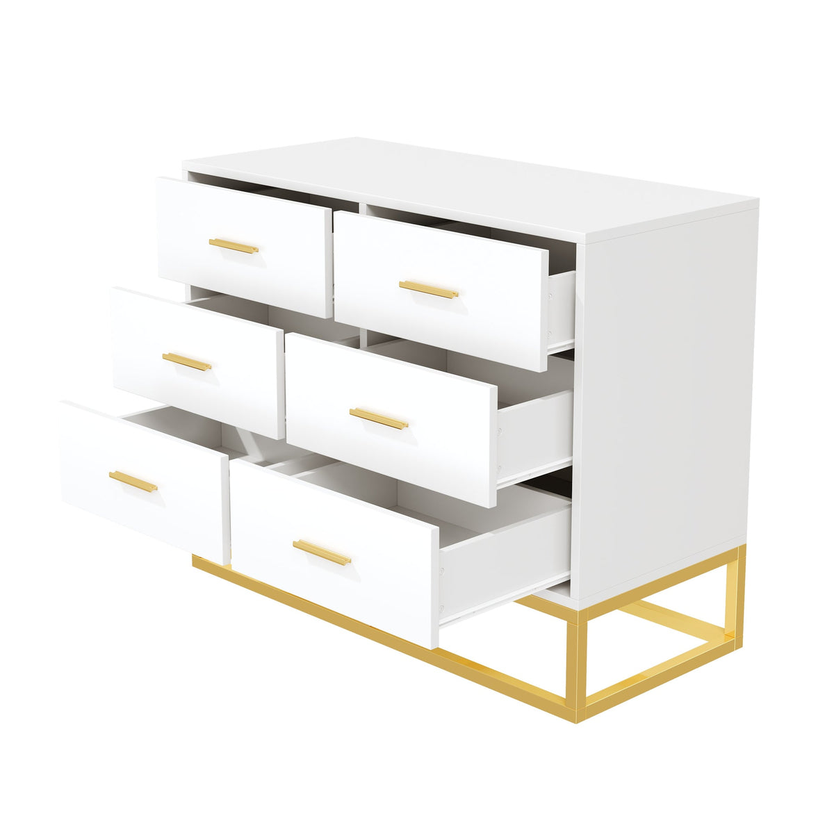 Modern 6 Drawer Dresser with Gold Metal Legs, Large Storage Chest of Drawers for Bedroom, Contemporary Wood Cabinet with Gold Handles, High-gloss White Finish