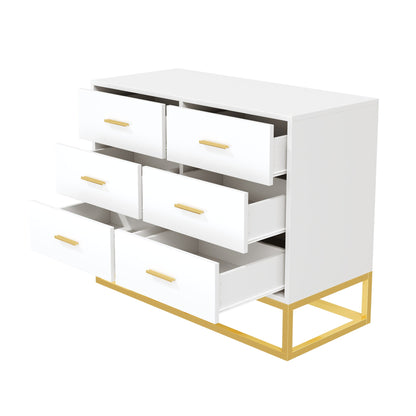 Modern 6 Drawer Dresser with Gold Metal Legs, Large Storage Chest of Drawers for Bedroom, Contemporary Wood Cabinet with Gold Handles, High-gloss White Finish