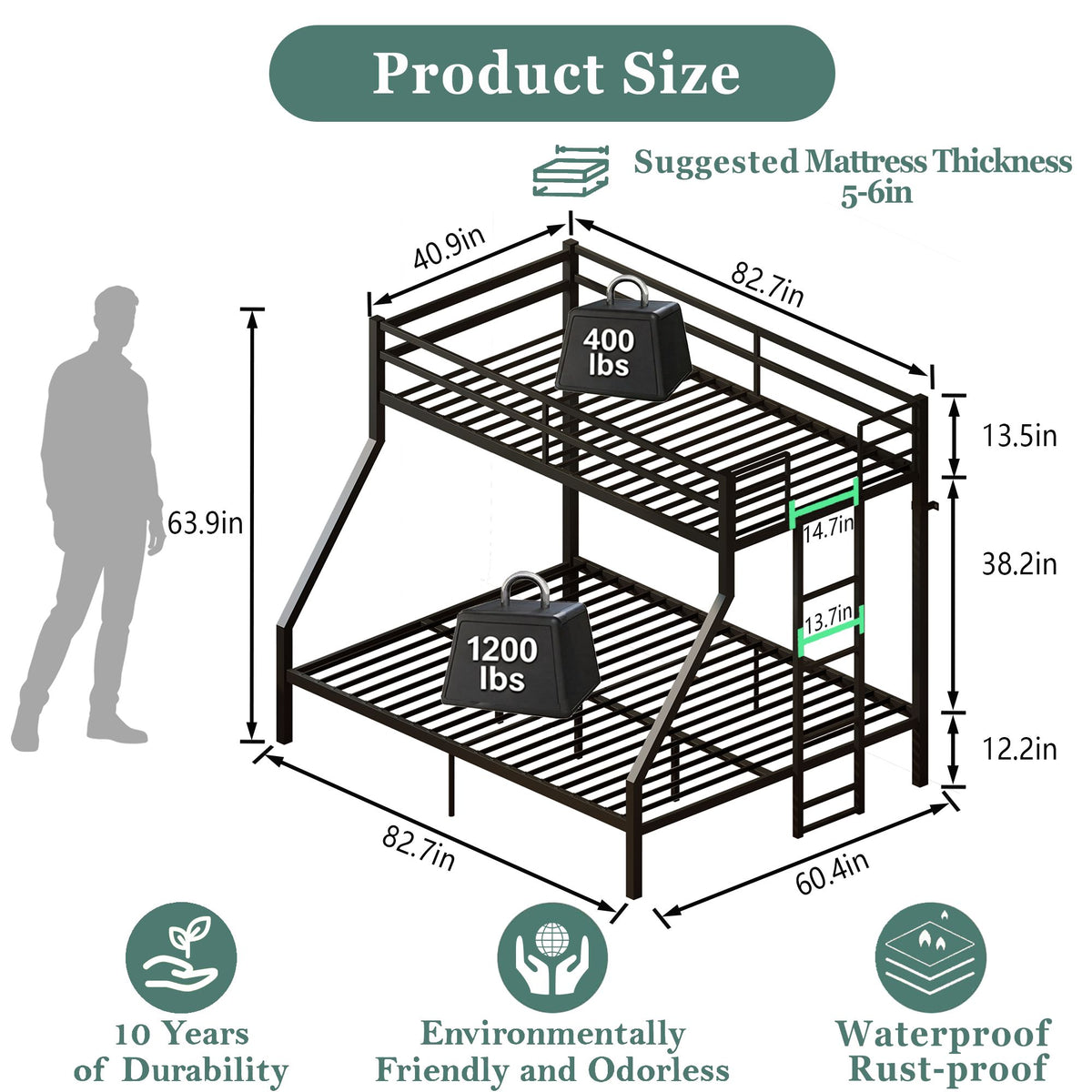 Heavy Duty Twin over Queen Metal Bunk Bed with 1200 LBS Capacity, Noise-Free Structure with Wall Mount & Anti-Slip Ladder