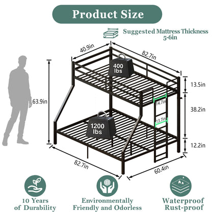 Heavy Duty Twin over Queen Metal Bunk Bed with 1200 LBS Capacity, Noise-Free Structure with Wall Mount & Anti-Slip Ladder