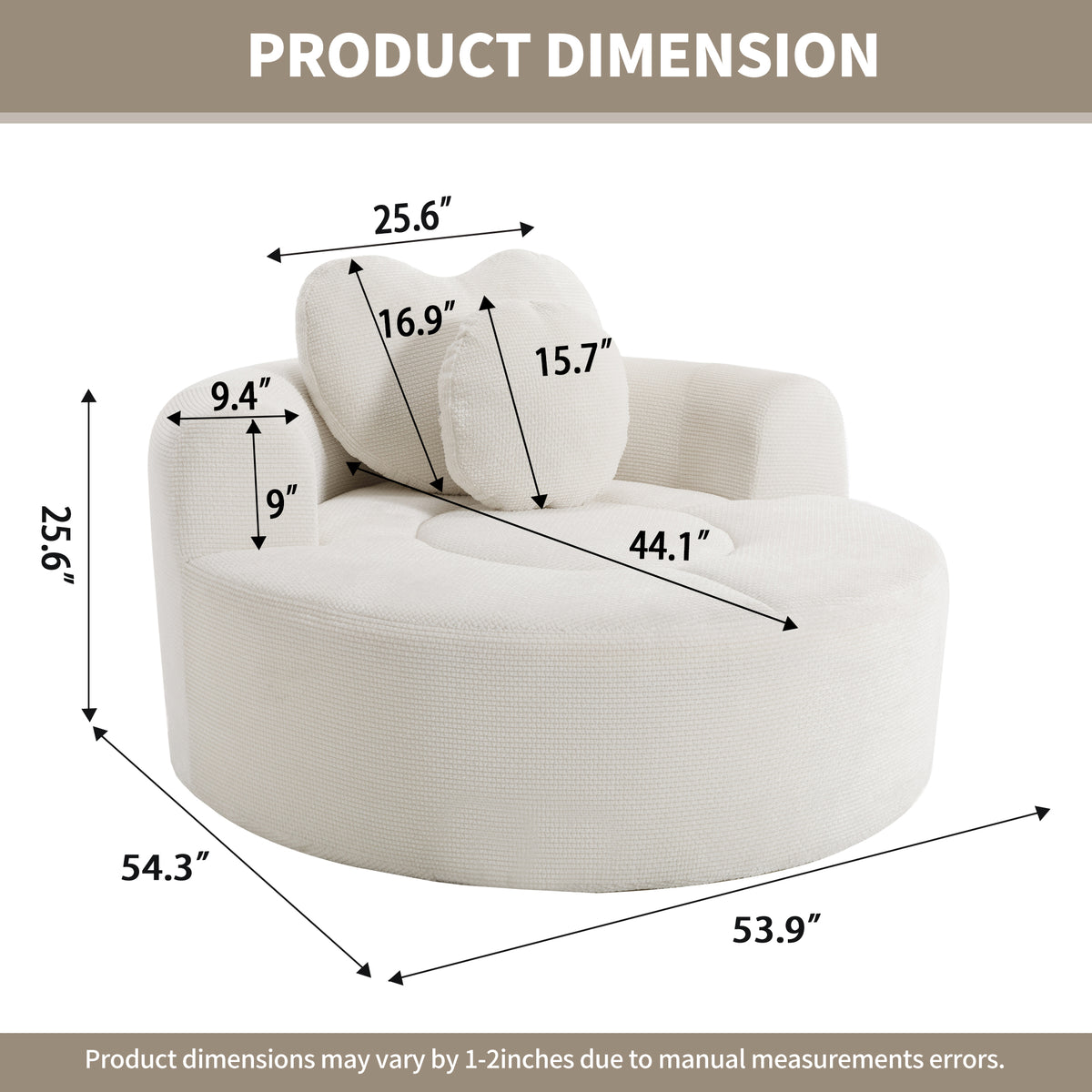 Round Sofa Bed with Memory Foam Sectional Couches for Living Room, Cloud Couch with two pillows, Beige