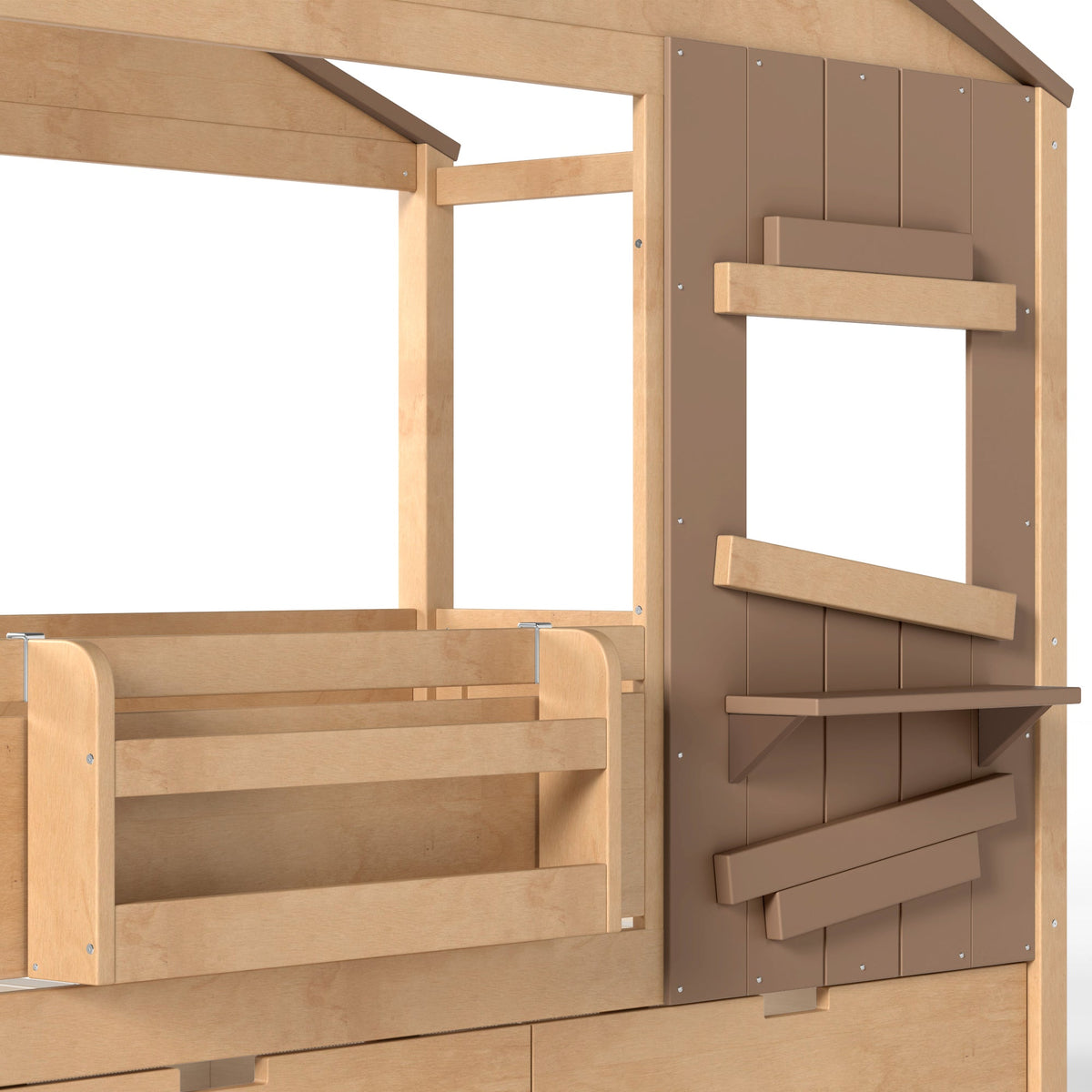 Twin Size Farmhouse Spliced House Bed with Window Shelf & Side Hooks, Playhouse Bed Frame with Underbed Storage Drawers and LED,Light Natural