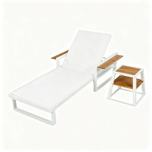 White Iron + Teak Finish 2-Piece Patio Set: Chaise Lounge + Side Table, 400 lbs Textilene Recliner with Foldable Armrests + 30 lbs 2-Tier Acacia Wood Table for Poolside Backyard