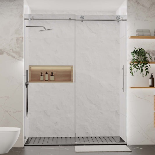 56-60'W x 76'H Frameless Shower Door, Sliding Shower Door, with Premium 5/16'(8mm)Thick Tempered Glass Shower Enclosure , Brushed Nickel With Buffer, kd