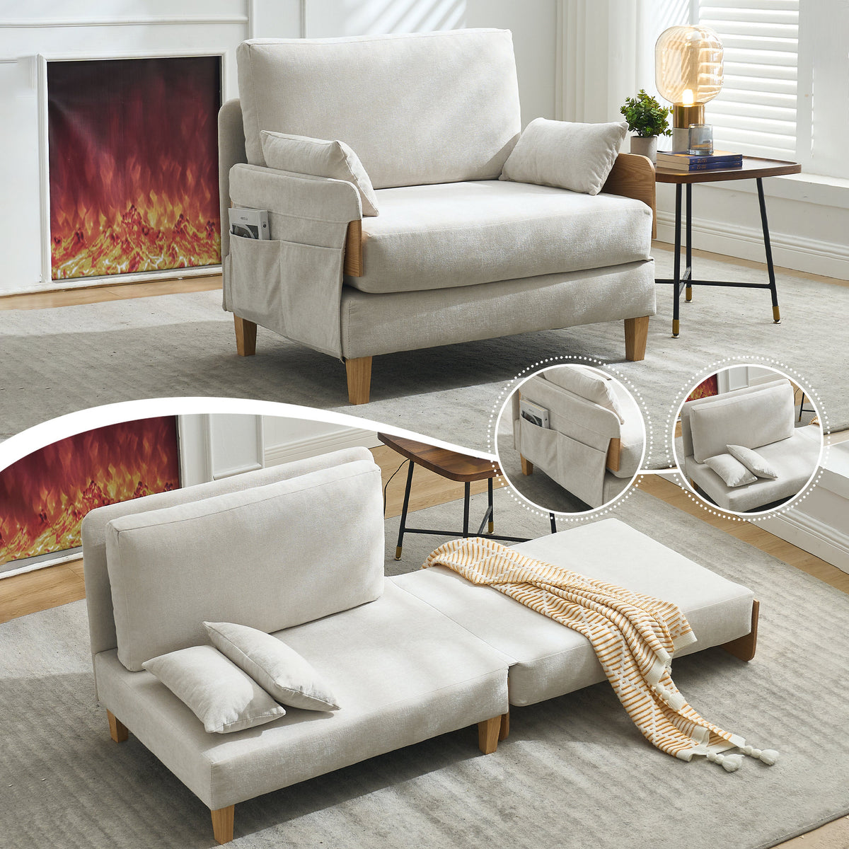 Foldable sofa bed recliner, 3-in-1 convertible sleeper, mid-century modern decor, suitable for small spaces, with three pillows, can be placed in the bedroom study room guest