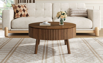 Modern Round Lift-Top Coffee Table with Half Flip-Top & Hidden Storage, Solid Wood Mid-Century Coffee Table with Fluted Design, 30.3' Walnut Space-Saving Center Table for Living Room