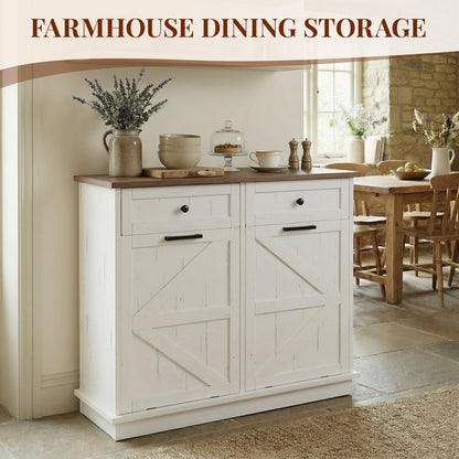 Tilt Out Trash Can Cabinet for Kitchen, Double 10-Gallon Hidden Trash Cabinet with Drawer, Farmhouse Wooden Garbage Cabinet, Dog Proof Trash Can Storage for Kitchen Laundry Living Room Office