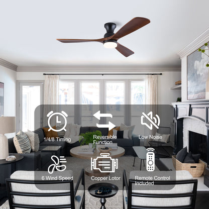 52 Inch Ceiling Fan with LED Light, 3 Solid Wood Blades, Reversible DC Motor, Remote Control, Modern Farmhouse Ceiling Fan for Bedroom Living Room Indoor