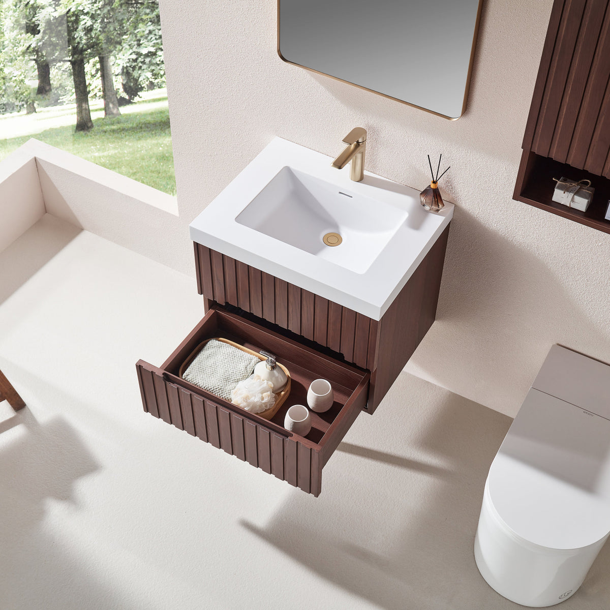 24' Wall Mounted & Floating Single Dark Walnut Bathroom Vanity with Acrylic Integrated White Basin, Pre-assembled Plywood Cabinet With 2 Drawers