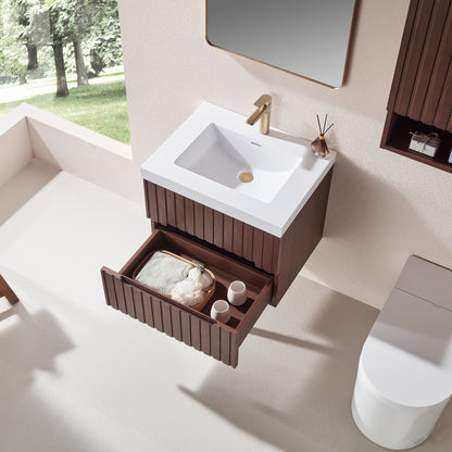 24' Wall Mounted & Floating Single Dark Walnut Bathroom Vanity with Acrylic Integrated White Basin, Pre-assembled Plywood Cabinet With 2 Drawers