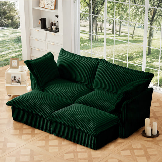 Slipcovered Sofa 2 Seater Sofa    With 2 Ottomans, 2 Seater Sleeper Sofa Bed Home Theater Oversized Sofa For Living Room, Corduroy, Green