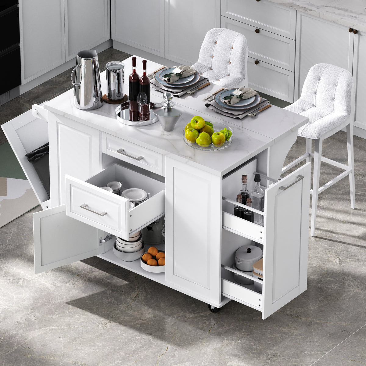 K&K 50.7" Kitchen Island with Storage Tilt Trash Can Cabinet and Pull Out Cabinet Organizer – Model N707S299008W