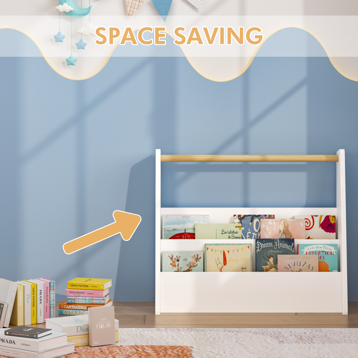 Kids Bookshelf with Wooden Handle, 2-Tier Front-Facing Toddler Bookcase, Portable Children's Book Storage Organizer, or Classroom, White