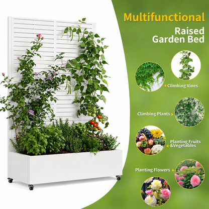 Metal Planter Box with Trellis,  73"x47"x16" Metal Raised Garden Bed with Trellis, Metal Planter Box with Drainage Holes & Lockable Wheels & Privacy Screen for Climbing Plants, Vegetables, Vines