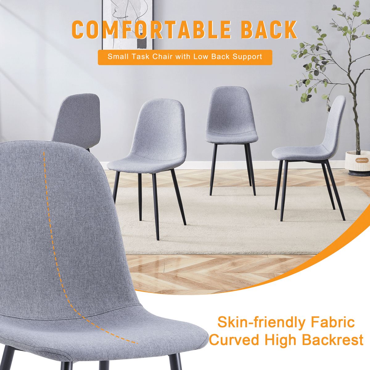 Luxury Simple Chair - Set of 4 Light Gray Linen-Cotton Material High Resilience Dining Chair with Metal Black Leg.Integral metal leg architecture,Suitable for various interior decoration styles.