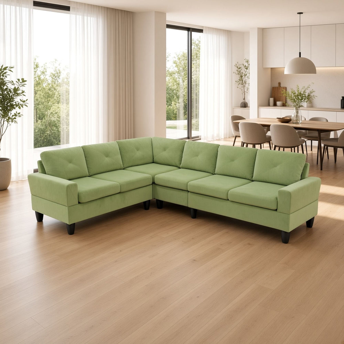 95.5 x 75 Inches Width Apple Green Modular L-Shaped Sectional Sofa 6-Seater 4-Piece Massa Flannel  Fabric Couch with Chaise