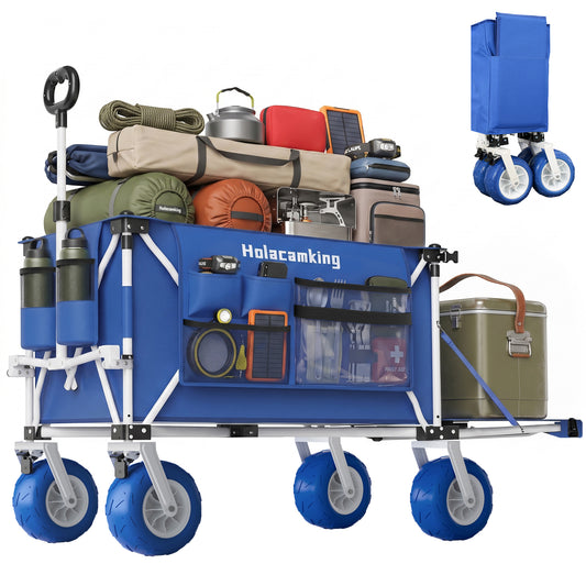 360L Beach Wagon with 59" Expandable Tailgate, 520lbs Heavy Duty Beach Cart with 9'' Wheels for Sand, Collapsible Folding Wagon with Side Pocket for Outdoor, Blue