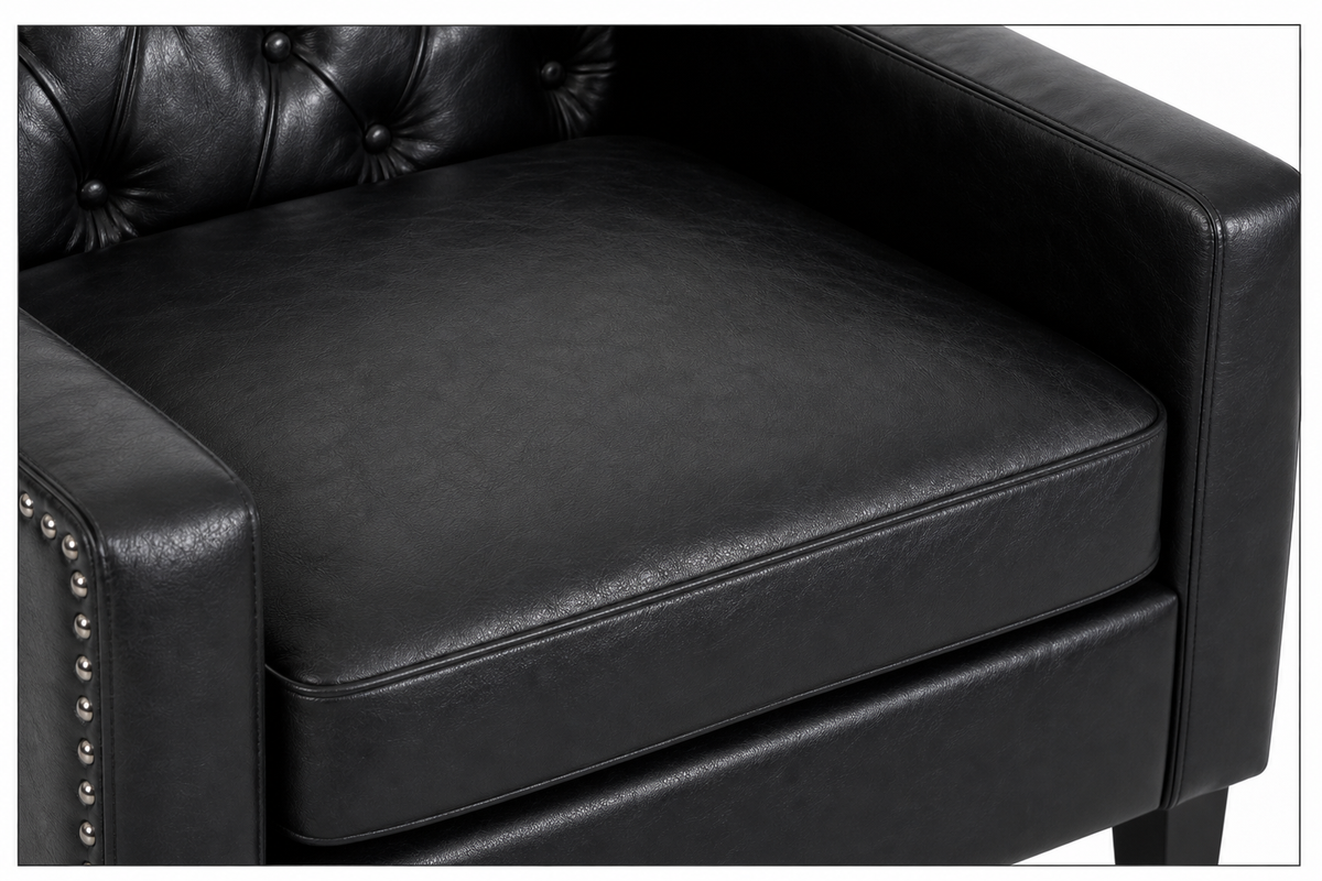 Black Faux PU Leather Accent Chair, Mid-Century Tufted Armchair with Nailhead Trim, Equipped with High Resilience Sponge Cushion & Solid Wood Legs, Comfortable Single Sofa for Living Room, Bedroom