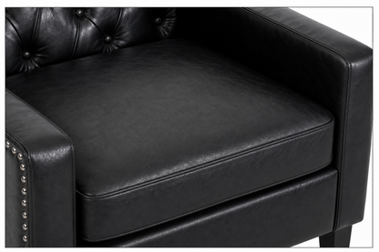 Black Faux PU Leather Accent Chair, Mid-Century Tufted Armchair with Nailhead Trim, Equipped with High Resilience Sponge Cushion & Solid Wood Legs, Comfortable Single Sofa for Living Room, Bedroom