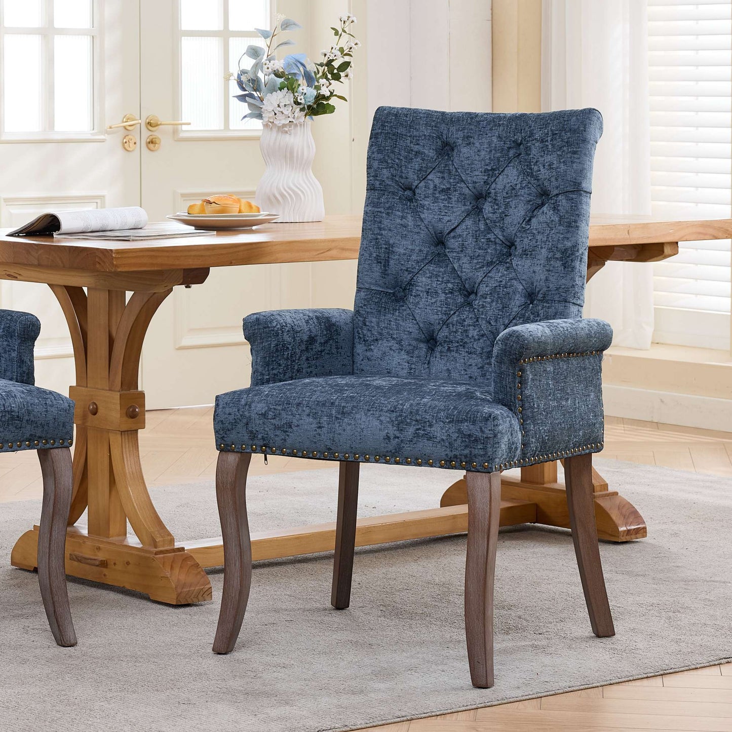 Upholstered Chenille Fabric Accent Dining Chair, Curved Solid Wood Legs, Elegant Tufted Club Dining Room Kitchen Room Arm Dining Chair, Single Pack,Blue,SW1895BL