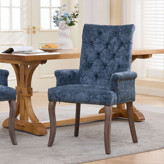 Upholstered Chenille Fabric Accent Dining Chair, Curved Solid Wood Legs, Elegant Tufted Club Dining Room Kitchen Room Arm Dining Chair, Single Pack,Blue,SW1895BL
