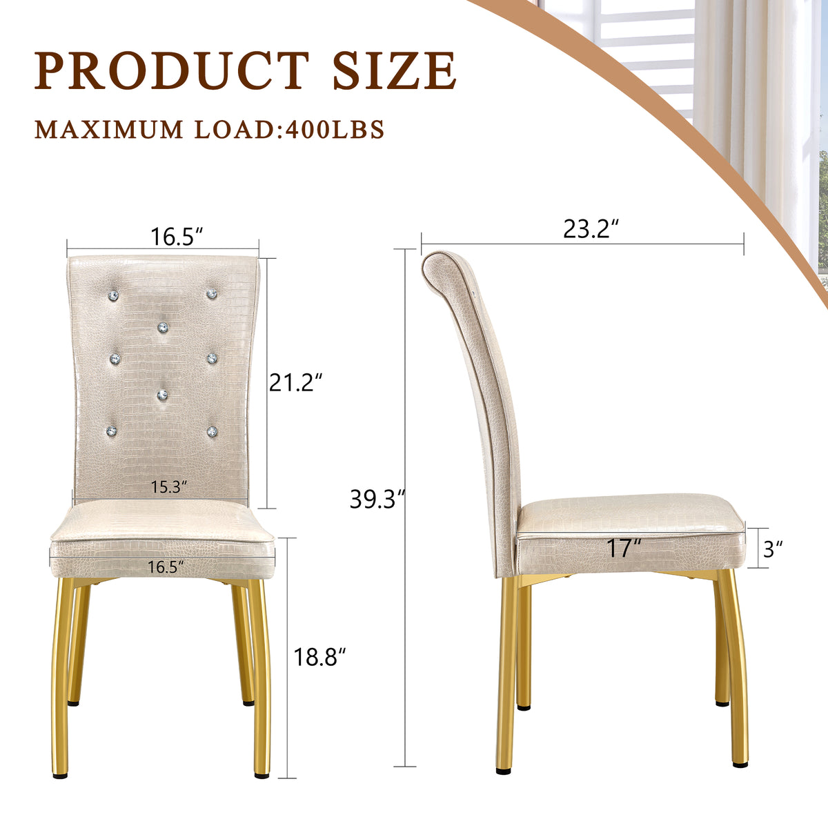 A set of 2 beige and gold vintage crocodile leather cushioned dining chairs, featuring crystal clasp design and artificial leather design, adding a touch of elegance and mystery to the dining area