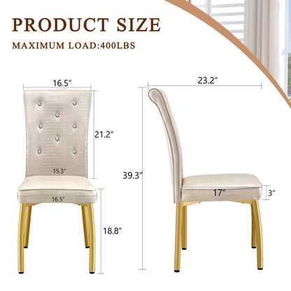 A set of 2 beige and gold vintage crocodile leather cushioned dining chairs, featuring crystal clasp design and artificial leather design, adding a touch of elegance and mystery to the dining area