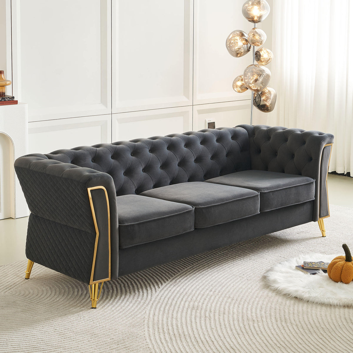 Modern Tufted Velvet Sofa 87.4 inch for Living Room Dark Grey Color