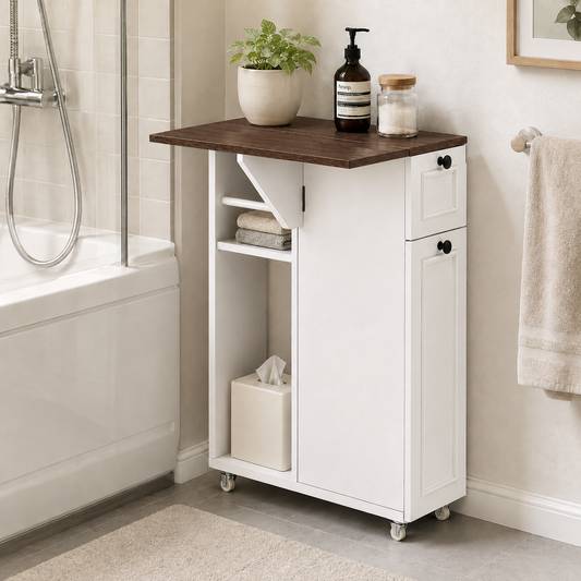 Flip-Top Narrow Bathroom Storage Cabinet with Rolling Wheels, 7.87" Wide Slim Side Organizer for Small Spaces, Bathroom Side Cabinet for Daily Essentials-White