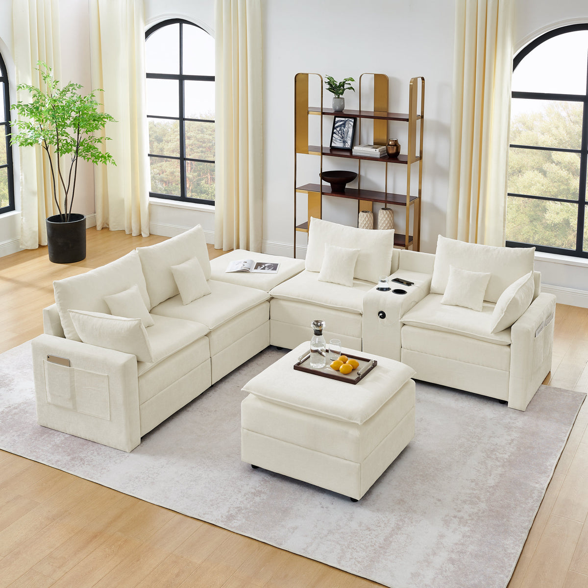 143.8'' U-shaped Modular Sectional Sofa with Center Console, Cup Holder, USB Charger,Movable Ottoman,Modern Comfy 4-6 Seater Chenille Cloud Couch for Spacious Living Room, Beige