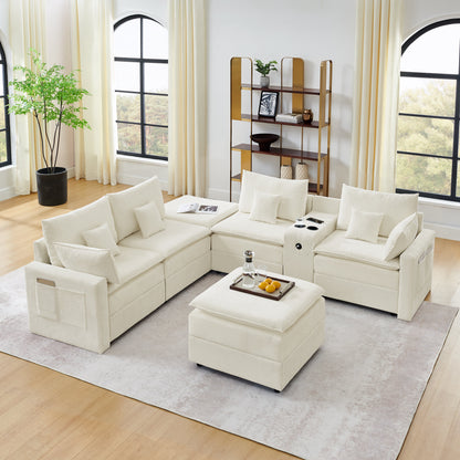 143.8'' U-shaped Modular Sectional Sofa with Center Console, Cup Holder, USB Charger,Movable Ottoman,Modern Comfy 4-6 Seater Chenille Cloud Couch for Spacious Living Room, Beige