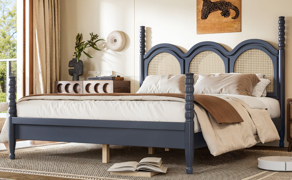 Queen Size Platform Bed with Arched Woven Headboard, Four Poster Stylish Wooden Bed Frame, Elegant Curved Headboard Bed Frame For Bedroom,Blue