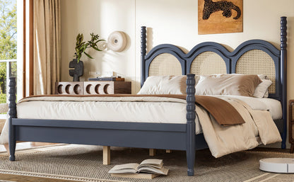 Queen Size Platform Bed with Arched Woven Headboard, Four Poster Stylish Wooden Bed Frame, Elegant Curved Headboard Bed Frame For Bedroom,Blue