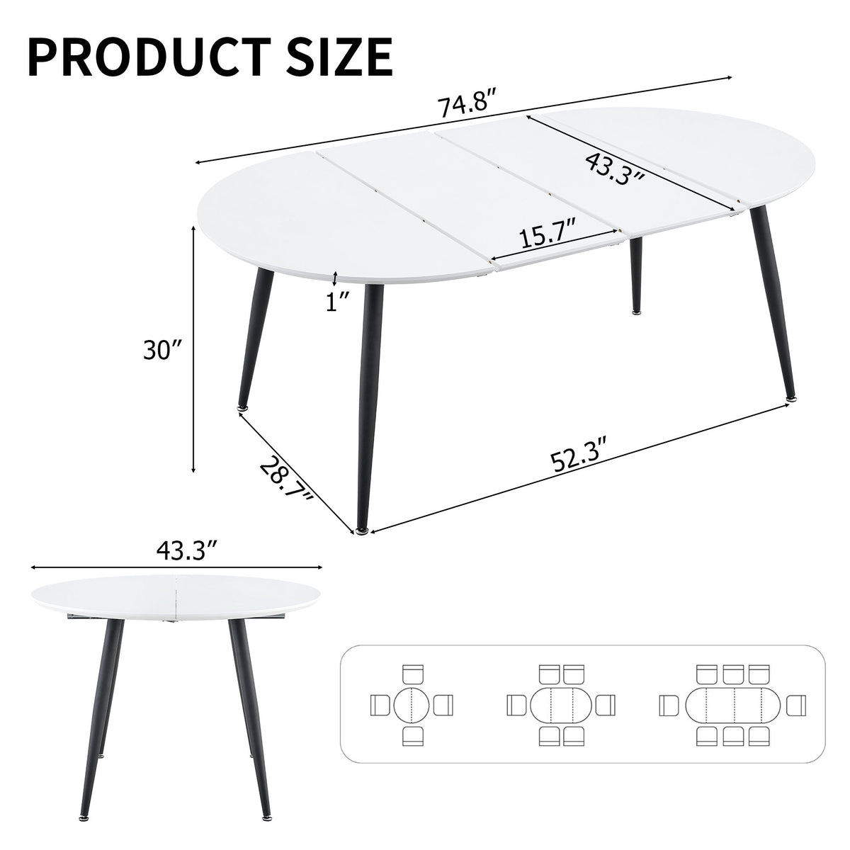 Pull table dining chair set, white medium density fiberboard tabletop with black metal table legs, extendable pull table+6 modern Mid-Century Modern Dining Chairs